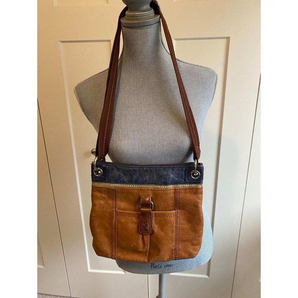 The Sak Purse Leather Adjustable Bag Blue Brown Zip Clousre Boho y2k s14